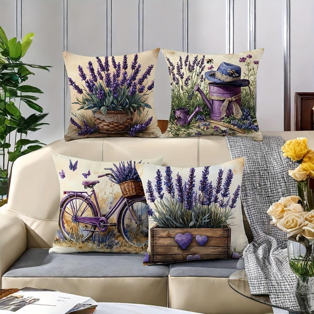 4pcs, Lavender And Bicycle Theme Pillow Covers, Purple Floral And Vintage Design, Modern Style, Zipper Closure Cushion Covers, Machine Washable, Suita