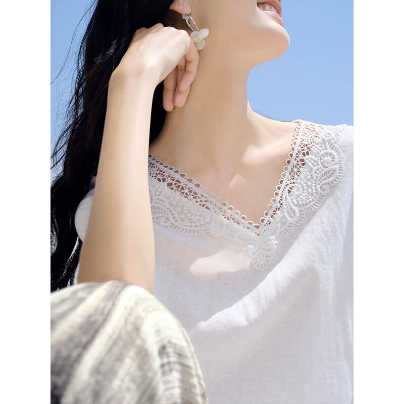 T-shirt estiva da donna XWI con scollo a V in pizzo a maniche corte