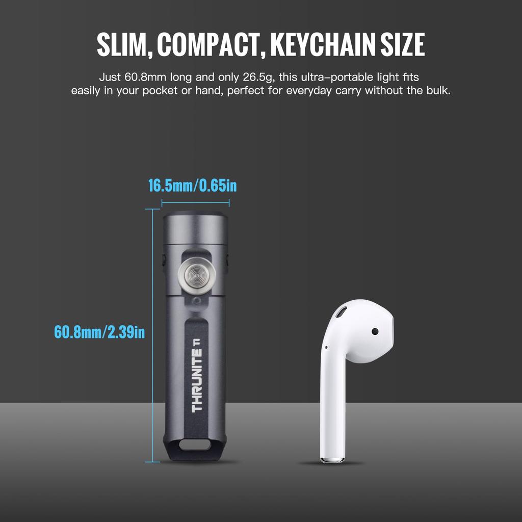 ThruNite Ti Schlüsselanhänger-Licht, 650 Lumen, USB-C wiederaufladbar, 60,8 mm, 26,5 g Kompaktes Taschenlicht mit magnetischer Endkappe (Grau)