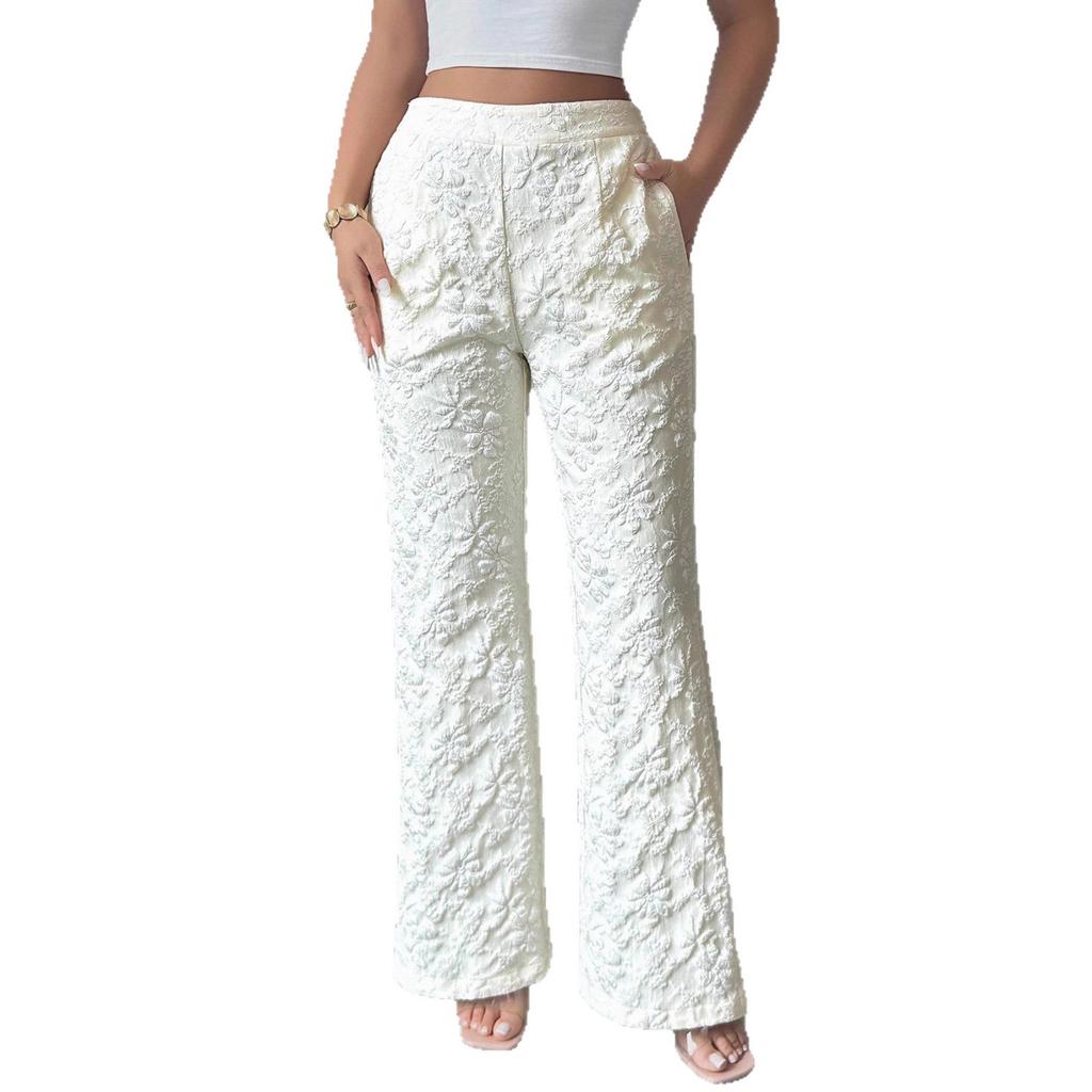 Fashion Mid-waist Trousers Women's Jacquard Casual Pants White French Three-dimensional Flower Pants Women