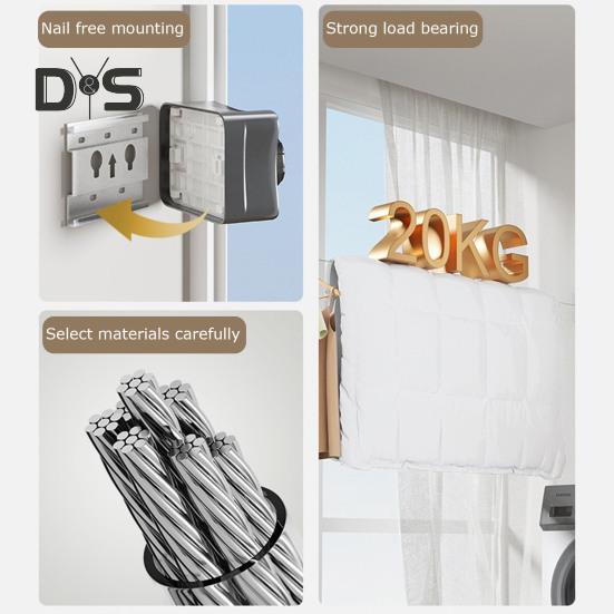 5.1M Wall Mount Retractable Clothesline Adjustable Retracting Invisible Heavy Duty Stainless Steel Wire Indoor Outdoor Balcony Laundry Clothes Drying