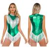 Womens Metallic Sleeveless Fringed Bodysuit Shiny Sequins Mock Neck Tassel Leotard for Latin Dance Performance