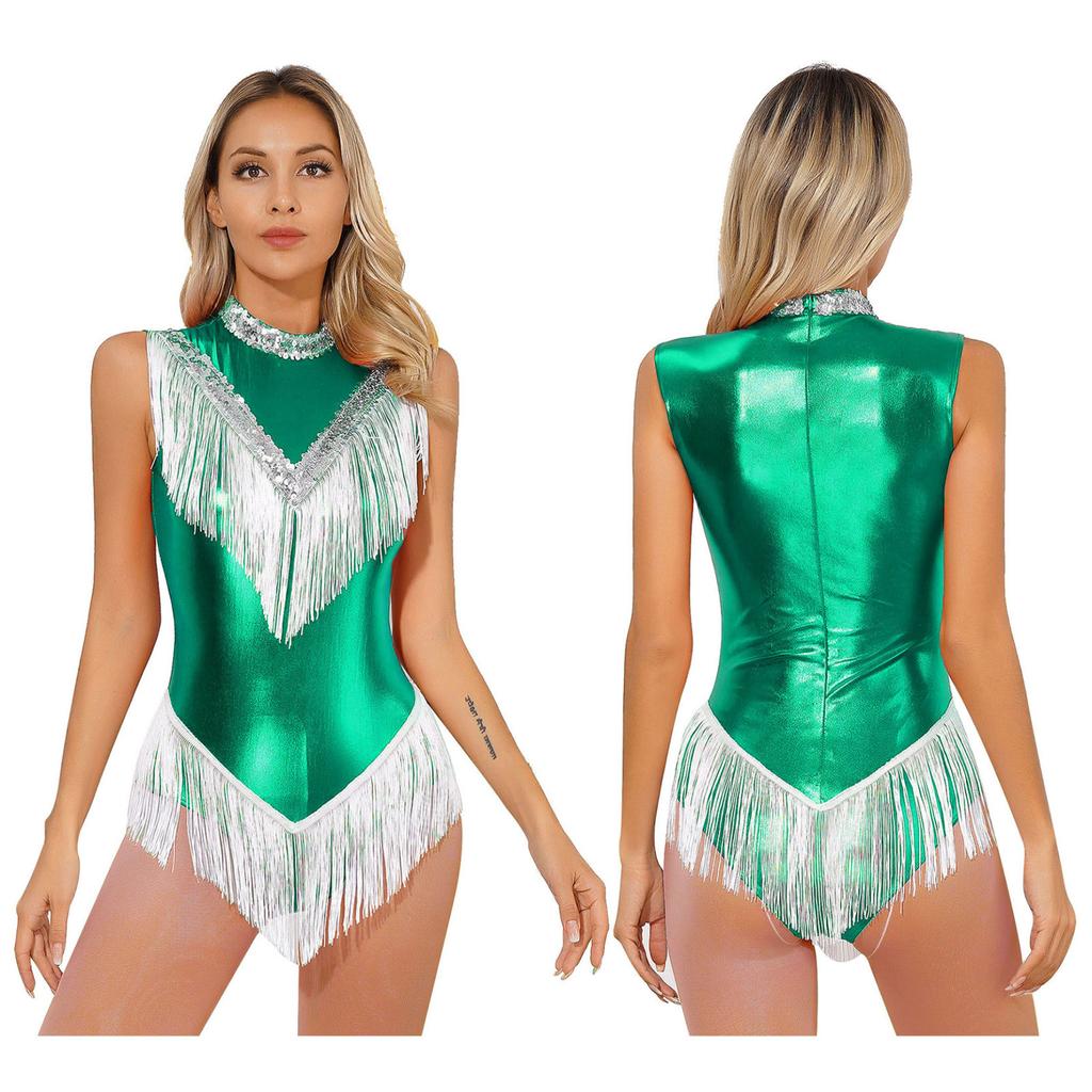 Womens Metallic Sleeveless Fringed Bodysuit Shiny Sequins Mock Neck Tassel Leotard for Latin Dance Performance