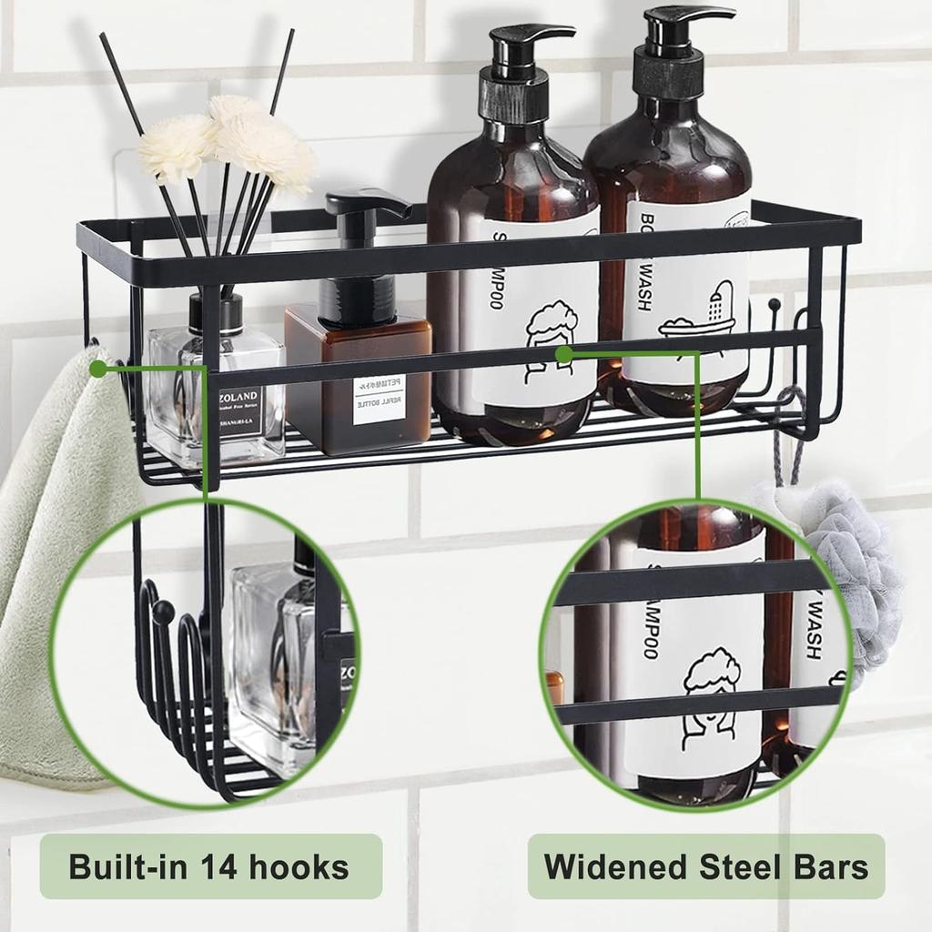 2 Pack Adhesive Shower Caddy Shelf with 14 Hooks, Stainless Steel Shower Organizer with Soap Holder,No Drilling Shower Rack Shower
