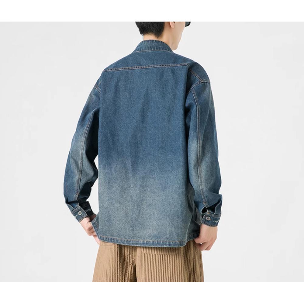 Jaqueta Jeans Lavada Estilo Chinês Retrô para Homens Primavera Outono Manga Longa Gola Alta Top Camisas Étnicas Vintage Casaco