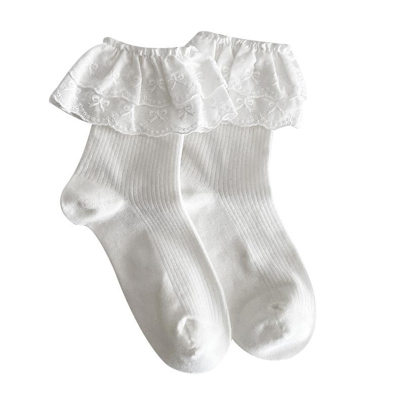 Șosete cu dantelă, Șosete de damă până la mijlocul gambei, Combinație dulce pentru primăvară și toamnă, Pantofi mici din piele, Șosete cu buclă