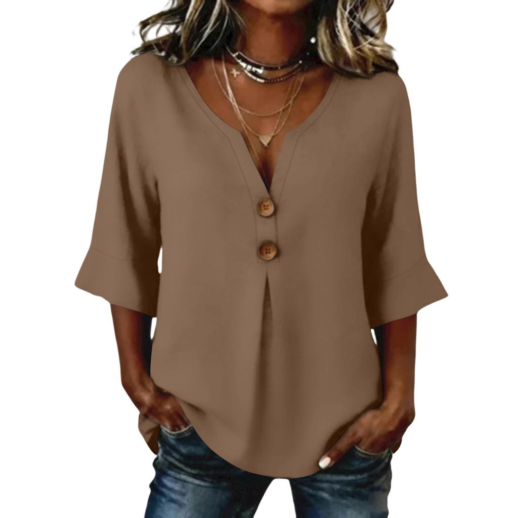 Women's  Color Button Casual V-neck Fashionable Seven Quarter Sleeve Top