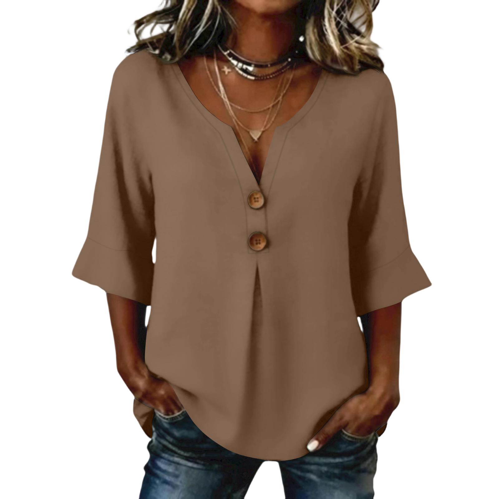Women s  Color Button Casual V-neck Fashionable Seven Quarter Sleeve Top XL коричневый