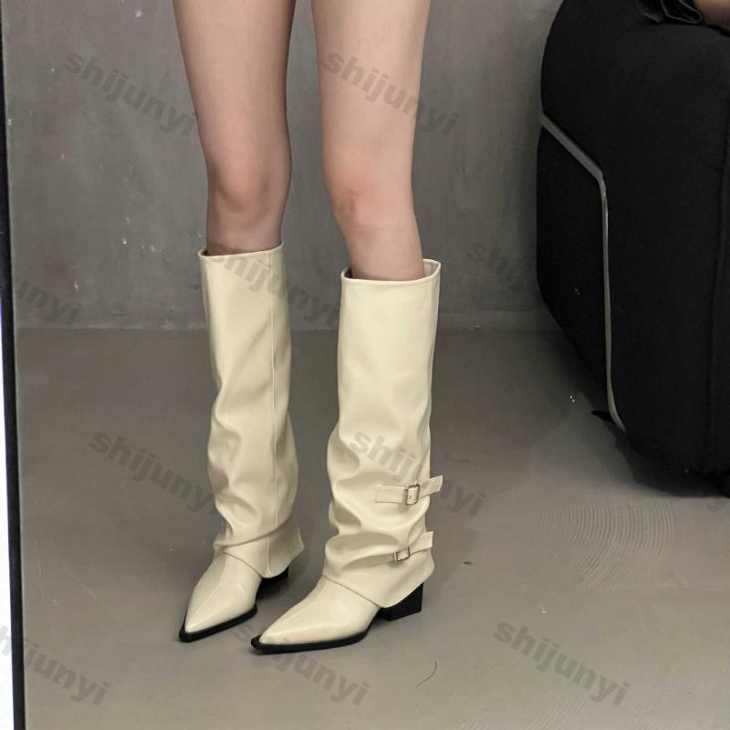Fashion Woman Pointed Knee Belt Buckle High Boots Women Autumn Winter Fashion Chunky Heel Thigh-high Boots Trend Leather Chelsea Botas
