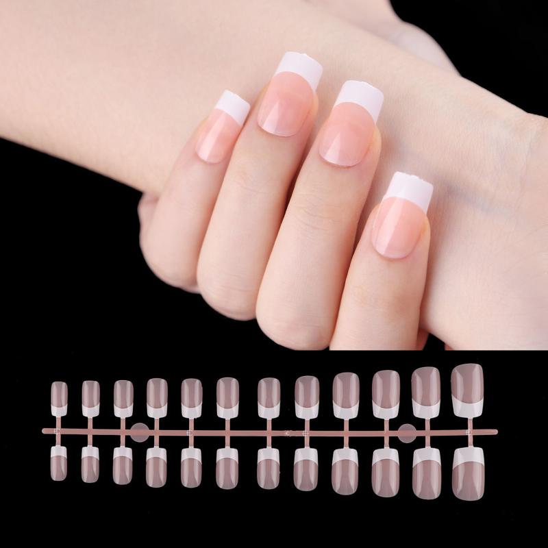 24 Pcs Nude Acrylic Press On Nail Art Short Medium Cheap Artificial Nails Simple White Black French Tips Fake Nails Set For Glue