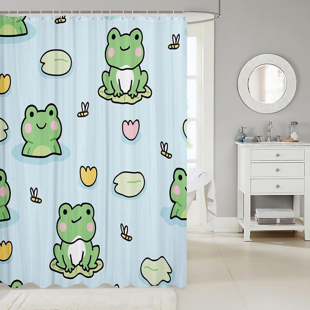 Cute Frog Shower Curtain Cartoon Animal Lily Pad Design Kids Bathroom Decor Fun Pattern Bath Accessories Waterproof Fabric