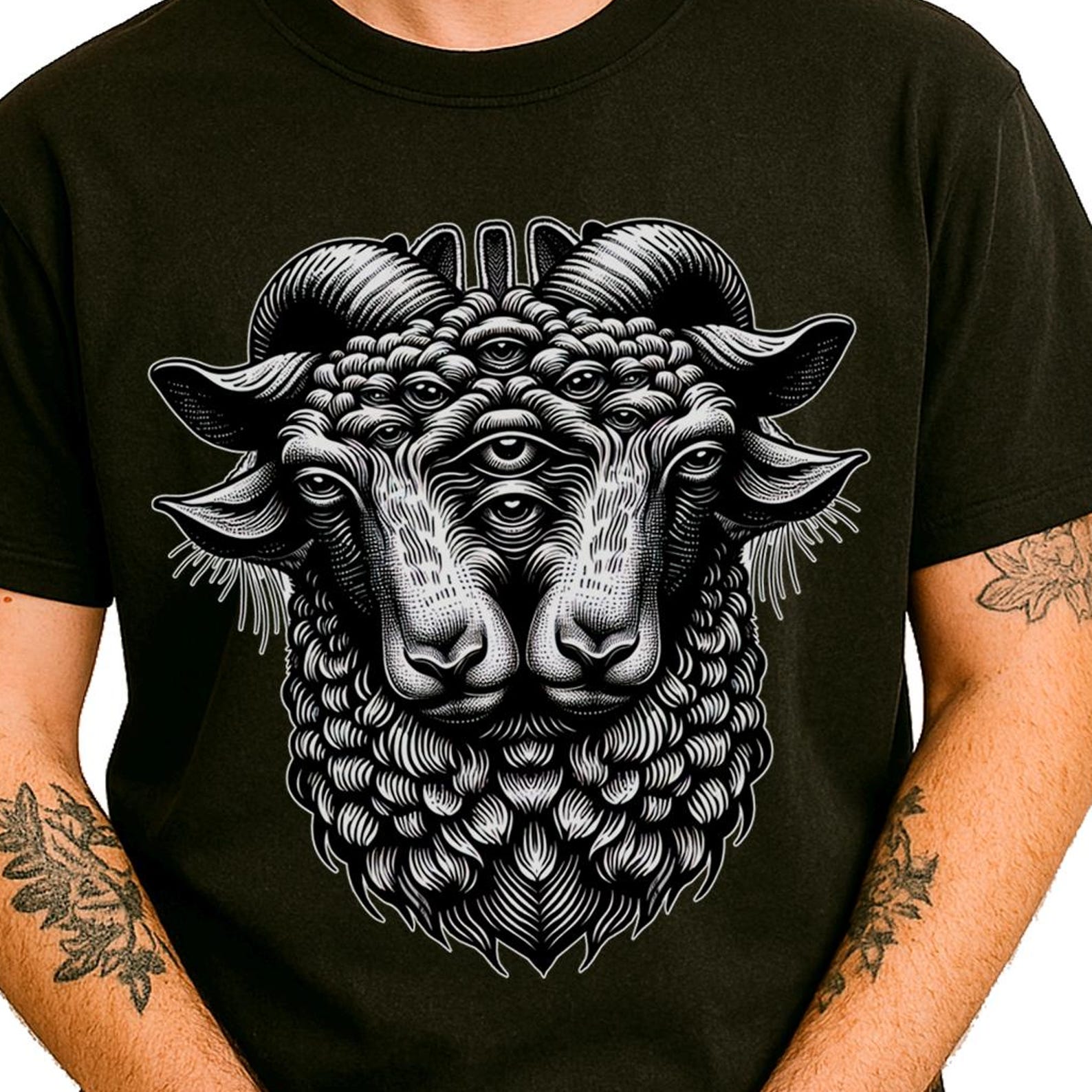 Two Headed Ram T-Shirt | Bighorn Sheep Weirdcore Tee | Surreal Gothic Goat Gift S