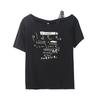 Large size women's street cool style printed T-shirt summer new women's slanted off-shoulder top 262783