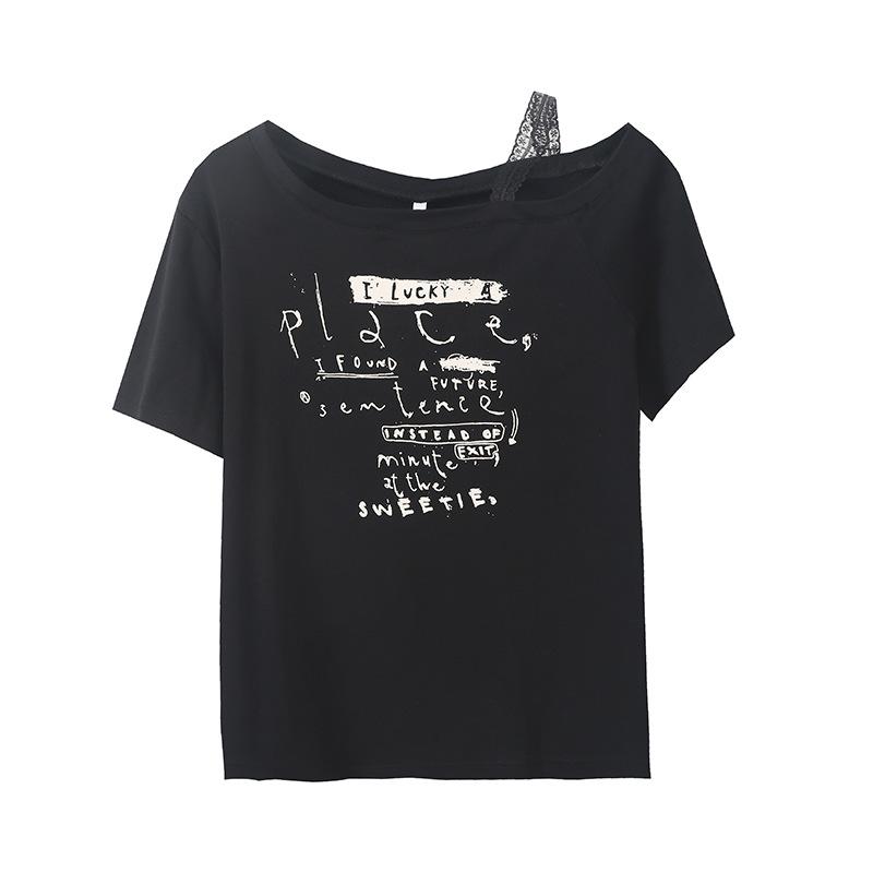 Large size women's street cool style printed T-shirt summer new women's slanted off-shoulder top 262783