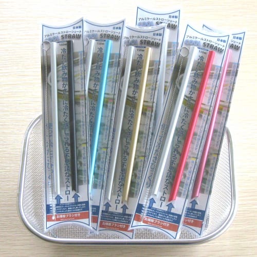 Idea Sekikawa Aluminum Cool Straws, Short, Set of 2, Blue, with Cleaning Brush, Made In Japan