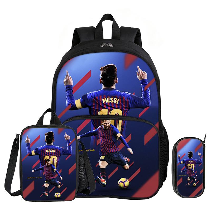 Leer, Reis Voetbalster Schooltas M-Messi 3 Delige set met Voorvak Rugzak Lunchtas, Etui, Sportrugzak