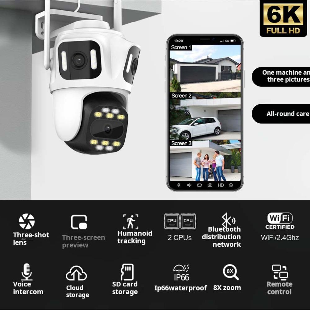 Outdoor 12MP Cameras Wifi IP Three Lens PTZ Auto Tracking Security Protection Smart CCTV Video Icsee Surveillance