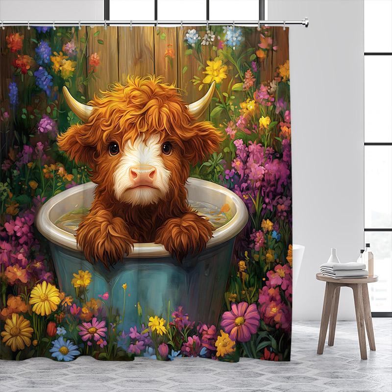 Funny Bathing Highland Cattle Shower Curtains Brown Farm Animal Cow Old Newspaper Fabric Bathroom Bath Curtain Decor With Hooks