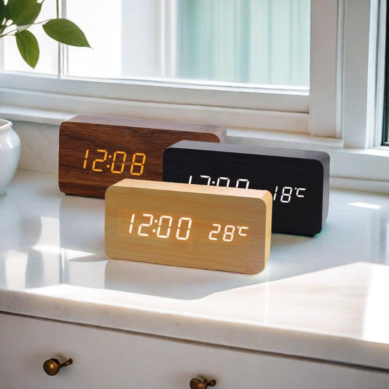 Wood Clock Electronic Clock Creative Wooden Digital Clock Voice Controlled Thermometer Electronic Alarm Clock