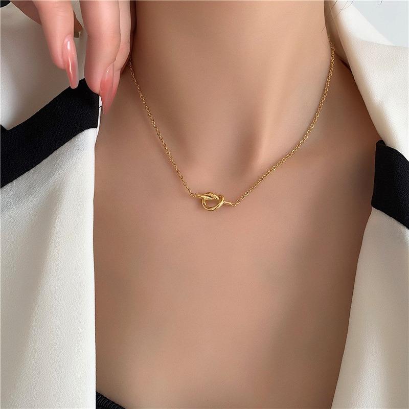 Designer Gold Color Stainless Steel Heart-shaped Knot Pendant Necklace Stud Earrings Set for Woman Korean Jewelry Accessory Gift