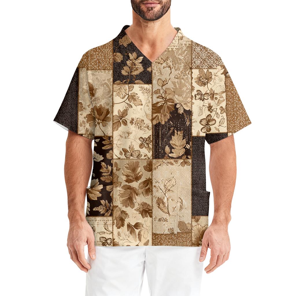 Men's Printing Short Sleeve V-neck Working Blouse Chest Pocket Carer Top