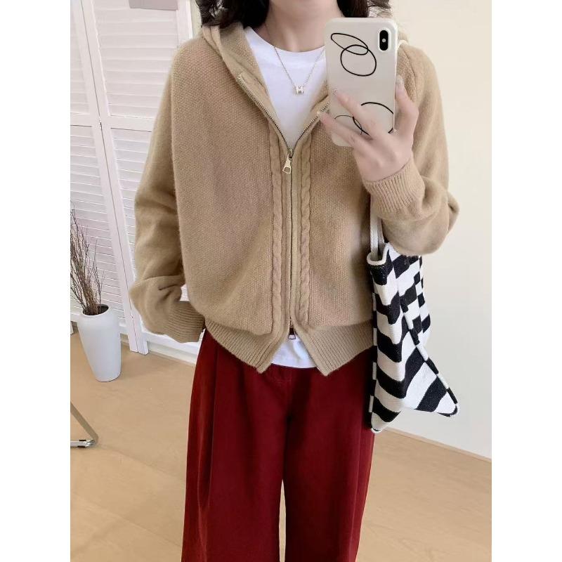 Double Zipper Hooded Sweater Jacket Women's Clothing Autumn and Winter New Loose Lazy Wind Knitted Cardigan Women