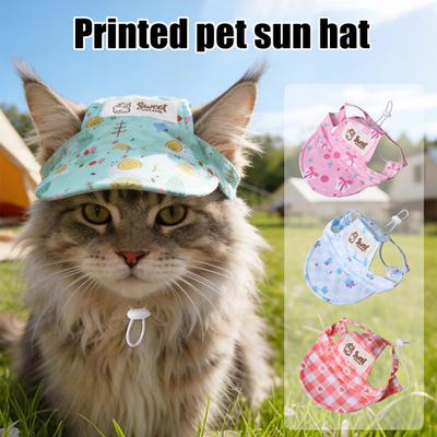Pet Sun Hat Plaid Cat Baseball Cap with Ear Holes Adjustable Elastic Cord Cute Print Brimmed Cap for Cats And Dogs Sun Protection Outdoor Walking