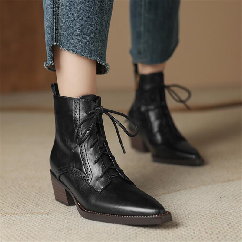 Fashion 2025 Autumn Split Leather Women Boots Pointed Toe Chunky Heel Boots for Women Fashion Ankle Boots Winter Boots Zapatos De Mujer