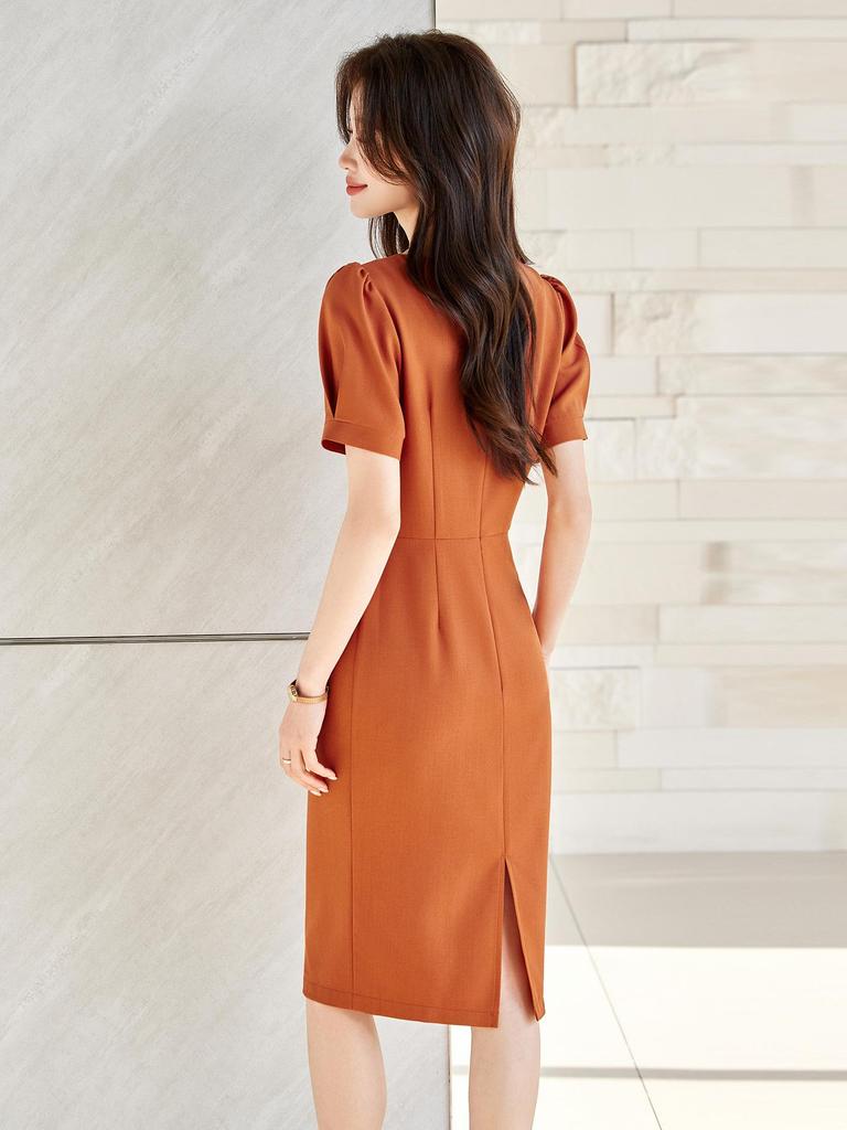Round Neck Puff Sleeve Slim Fit Midi Dress - Spring/Summer 2026 Women's Professional Commuting Style