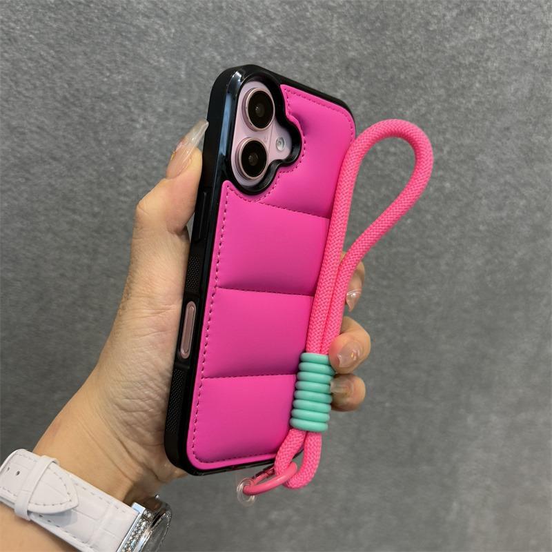 Módní péřová bunda Pouzdro s popruhem na zápěstí pro iPhone 15 16 Pro Max 14 Plus 11 12 13 S šňůrkou Jednobarevné Měkké Nárazuvzdorné Pouzdro
