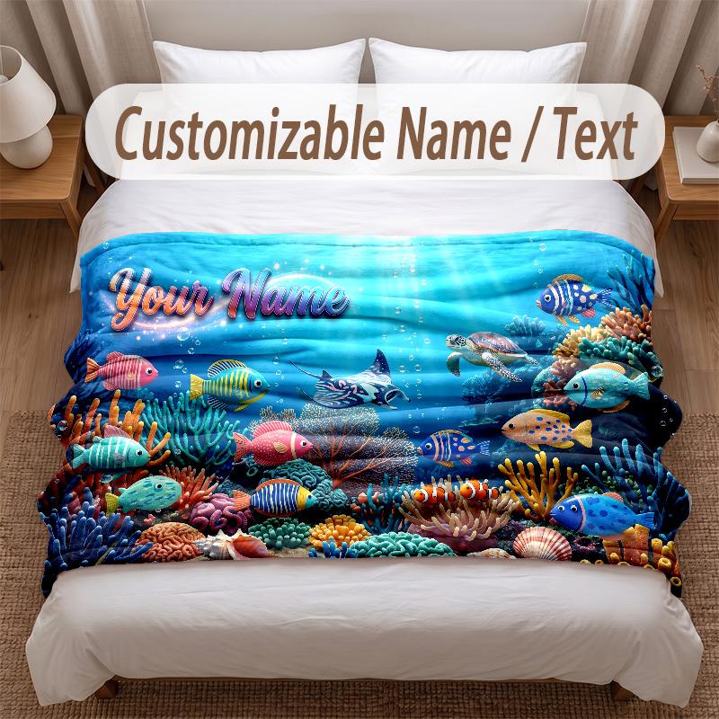 Fish Ocean Theme Soft Blanket Personalized Custom Name Text Print Warm Blanket Home Sofa Bedroom Decor