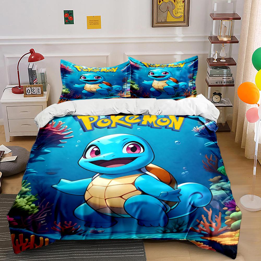 Japanese Anime Pokemon Squirtle Bedding Set Quilt 3 Pieces Duvet Cover King Queen Us Twin Size Bedclothes Kid Boy Girl Bed Decor