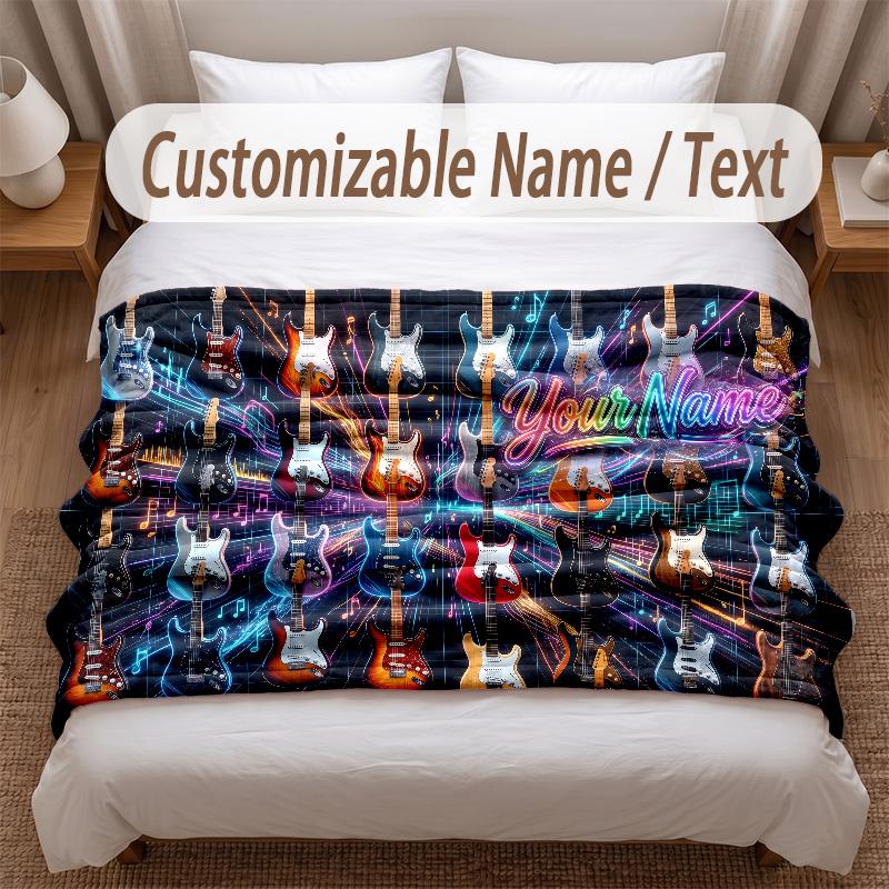 Music Guitar Theme Soft Blanket Personalized Custom Name Text Print Warm Blanket Home Sofa Bedroom Decor