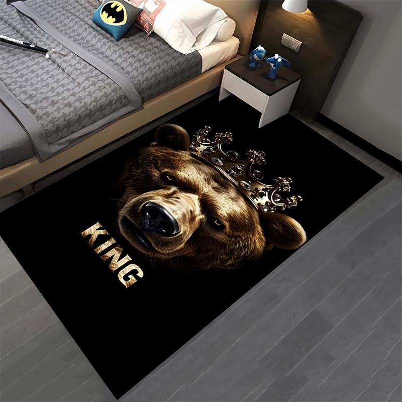 Bear with Crown Printed Carpet - Black Background with "King" Text Suitable for use as an anti-slip for living room bedroom sofas