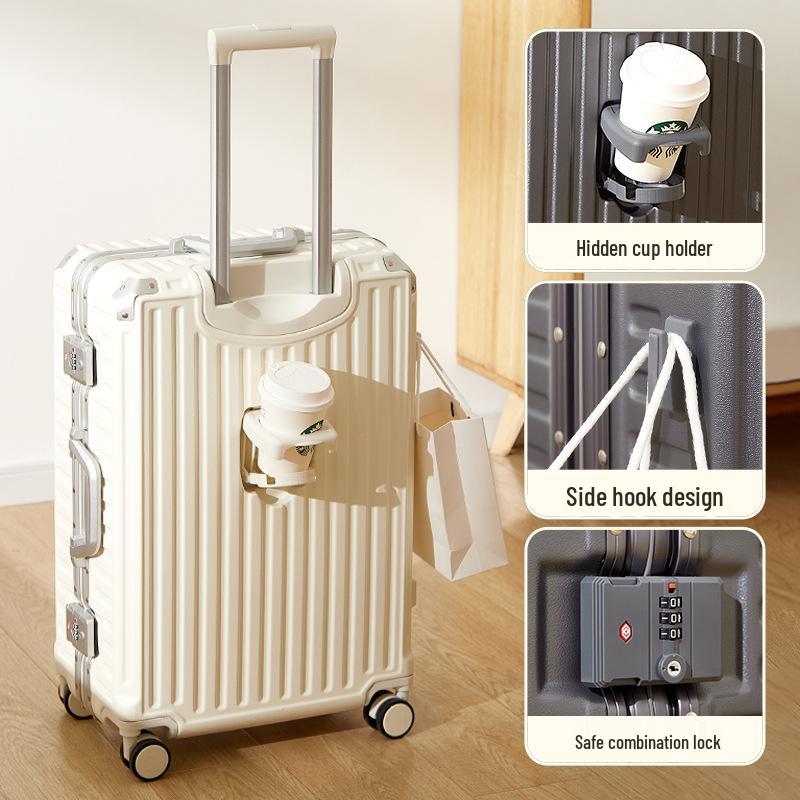 Large Capacity Aluminum Frame Carry-on Suitcase with Password Lock - Durable Leather Luggage for Men and Women