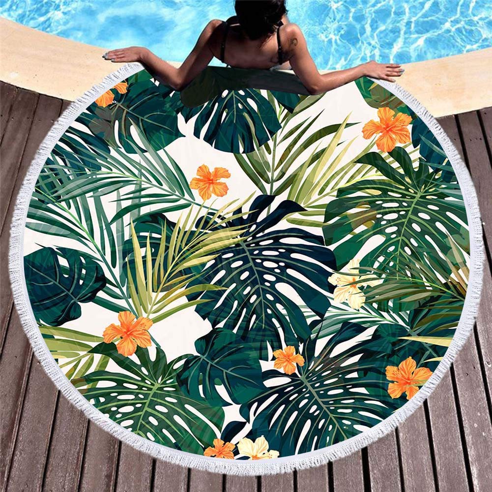 Telo Mare Rotondo Coperta Oversize Foglia di Palma Stile Tropicale Stampa Fenicottero Microfibra Grande Asciugamano Rotondo Picnic Asciugamano Assorbente