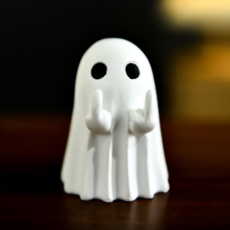 Abstrakcyjna Dziwaczna Figurka Ducha Środkowym Palcem - Prowokująca Dekoracja Halloweenowa na Biurko