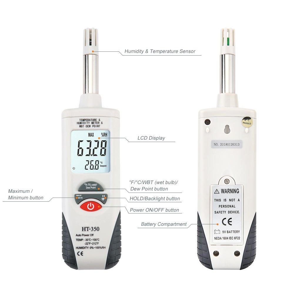 Handheld Digital Humidity Temperature Meter with Dew Point and Wet Bulb Temperature, Dual Display Temperature & Humidity
