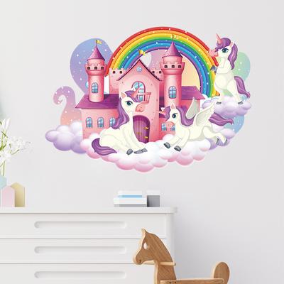 Adhesivo de pared de unicornio con diseño de Castillo de princesa rosa y arcoíris de dibujos animados para niñas y niños, decoración de pared del dormitorio, Mural de vinilo, calcomanías para habitación de bebé