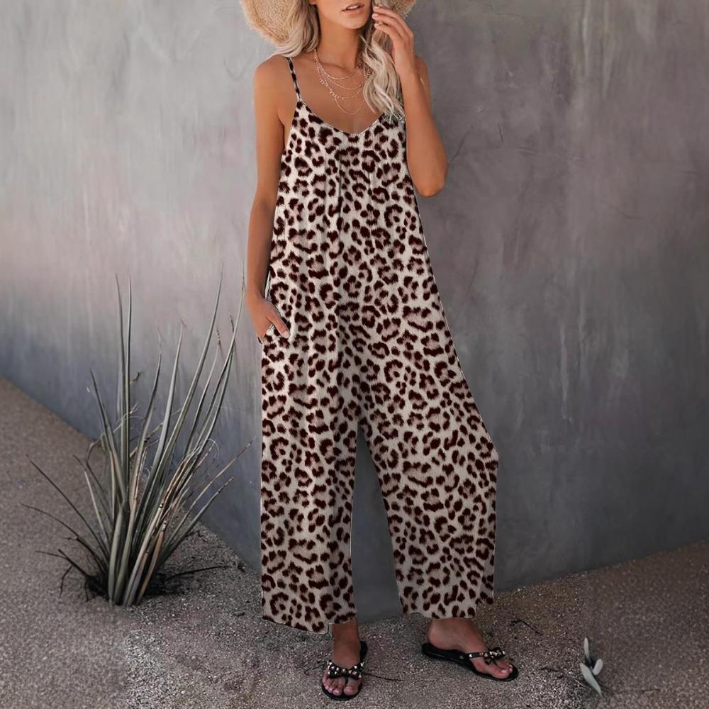 Tuta da donna con scollo a V, senza maniche, stampa leopardata, vestibilità larga, vita alta, streetwear, con tasche laterali
