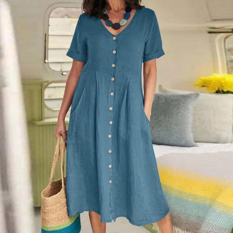 2025 Spring/Summer European and American Solid Color Loose High-Waisted Cotton Linen Dress.