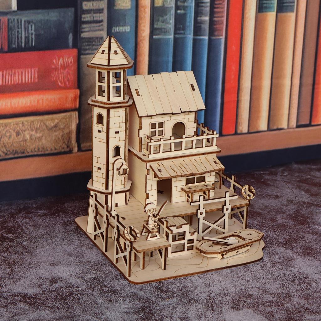 Fisherman's cabin wooden assembly model kit, handmade DIY 3D wooden puzzle fishing village building model