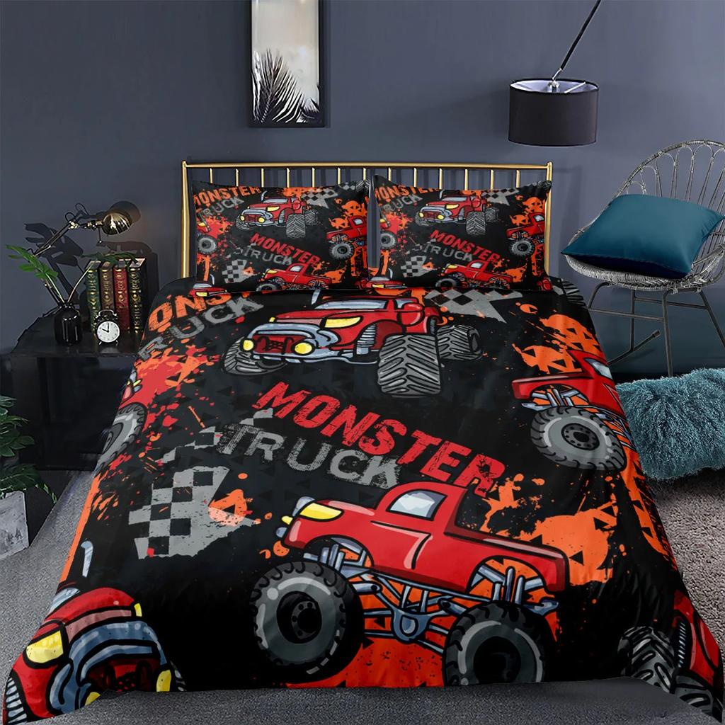 Tractor Kids Duvet Cover,Monster Truck On Farm Pattern Comforter Cover Set King/Queen Size,Country Boys Hobby Car Bedding Set