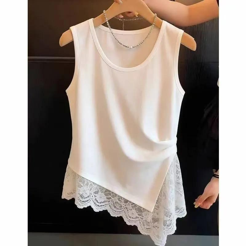 Women Summer Solid Tanks Bow Pattern Hollow Out Lace Patchwork Design O-neck Thin Top