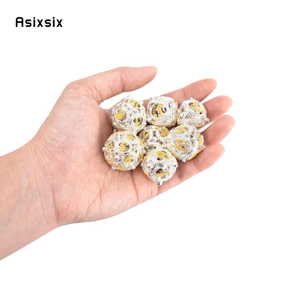 7 Pcs White Yellow Circular Dragon Metal Dice Hollow Metal Polyhedral Dice Set Suitable for Role-Playing RPG Game Card Game