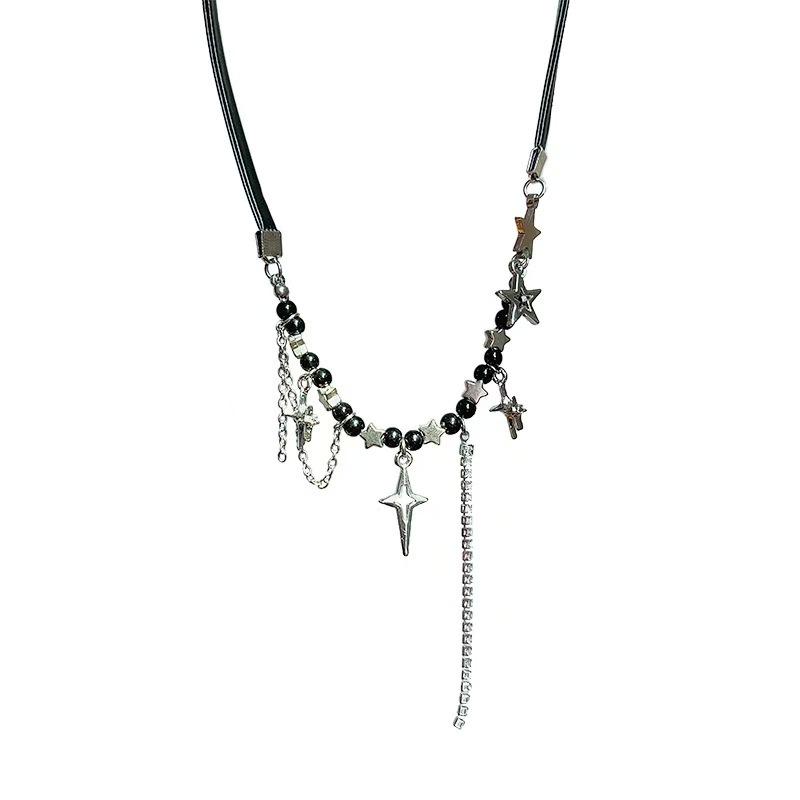 New tetragonal leather beaded splicing necklace girls fashion trend Spice girl sweet cool temperament accessories collarbone chain