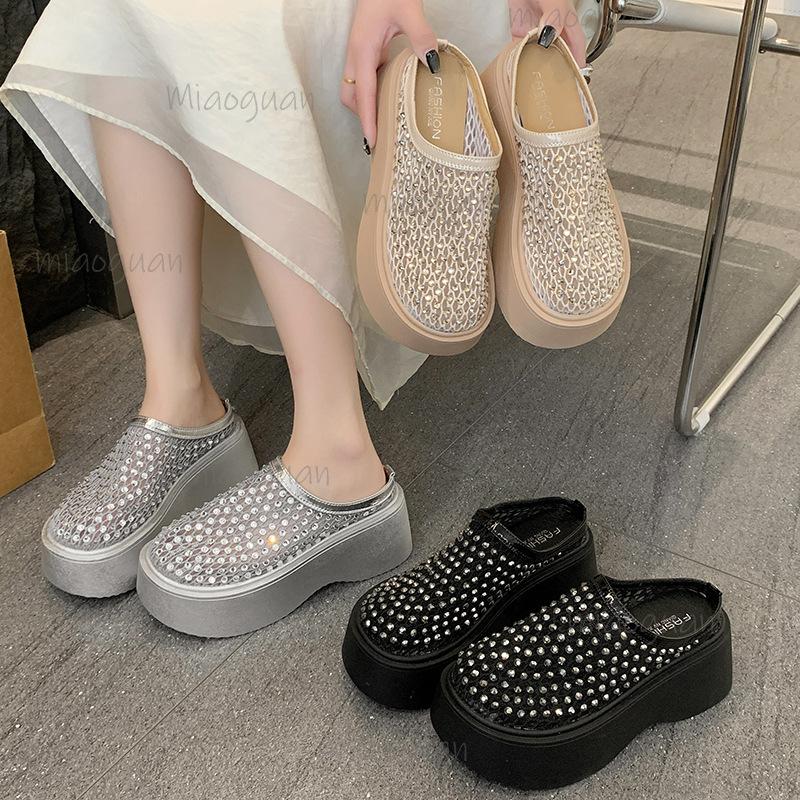 Crystal Mules Platform Shoes Woman's Mesh Slippers Casual Flat Sandals Summer 2025 Trend Dress Comfort Wedges Sandalias Size 35