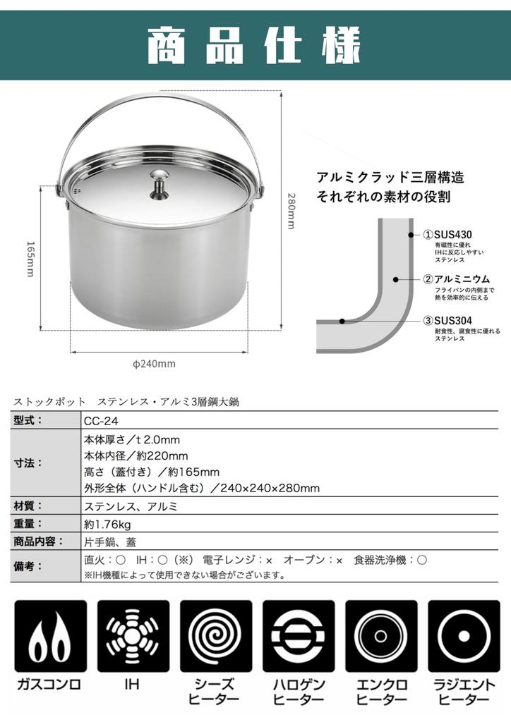 CAMPING MOON Camping Outdoor Large Pot Stock Pot Stainless Aluminum All Three Layer Steel Pot 5.8L CC-24
