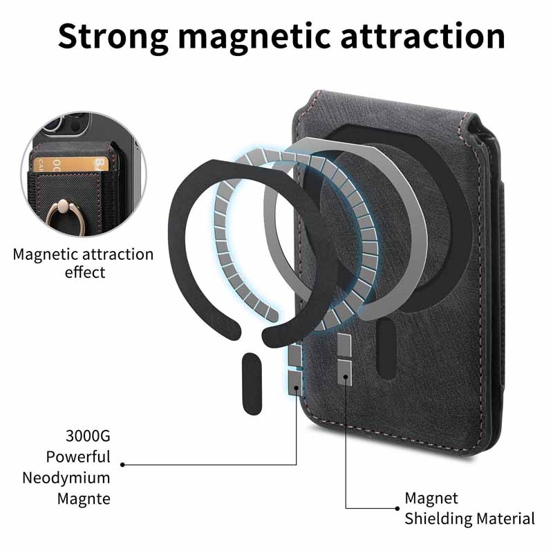 Ring Grip Strong Magnet PU Leather RFID Blocking Magnetic Card Holder Wallet for Iphone 17 16 15 14 13 12 Series Phone Wallets