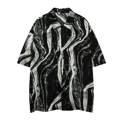 Tie Dyed Contrasting Color Design Short Sleeved Shirt for Men's Summer Niche Loose and Handsome High-end Lapel Cardigan Shirt